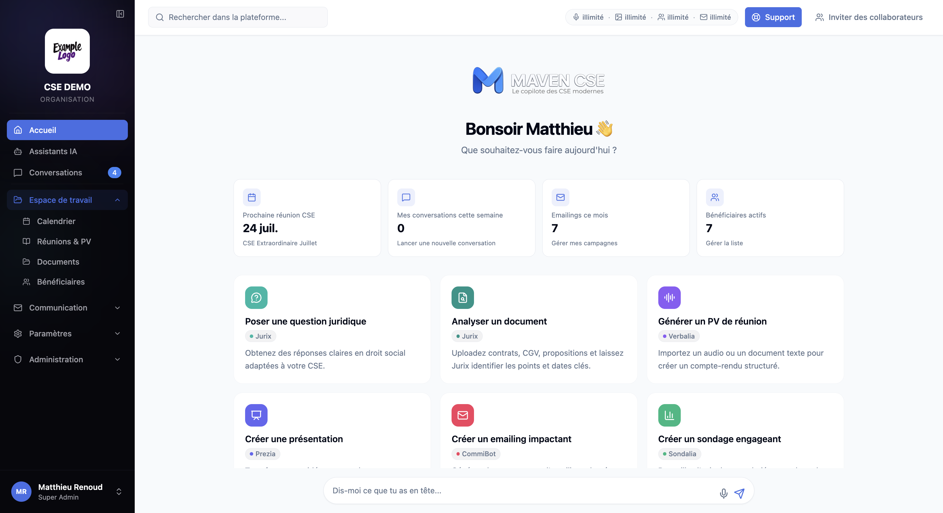 Tableau de bord Maven CSE pour réunions, PV et documents CSE